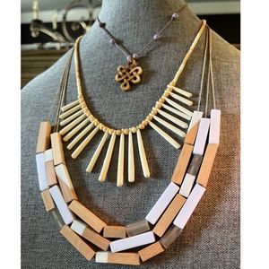 Natural Wood & Bone Necklace Set